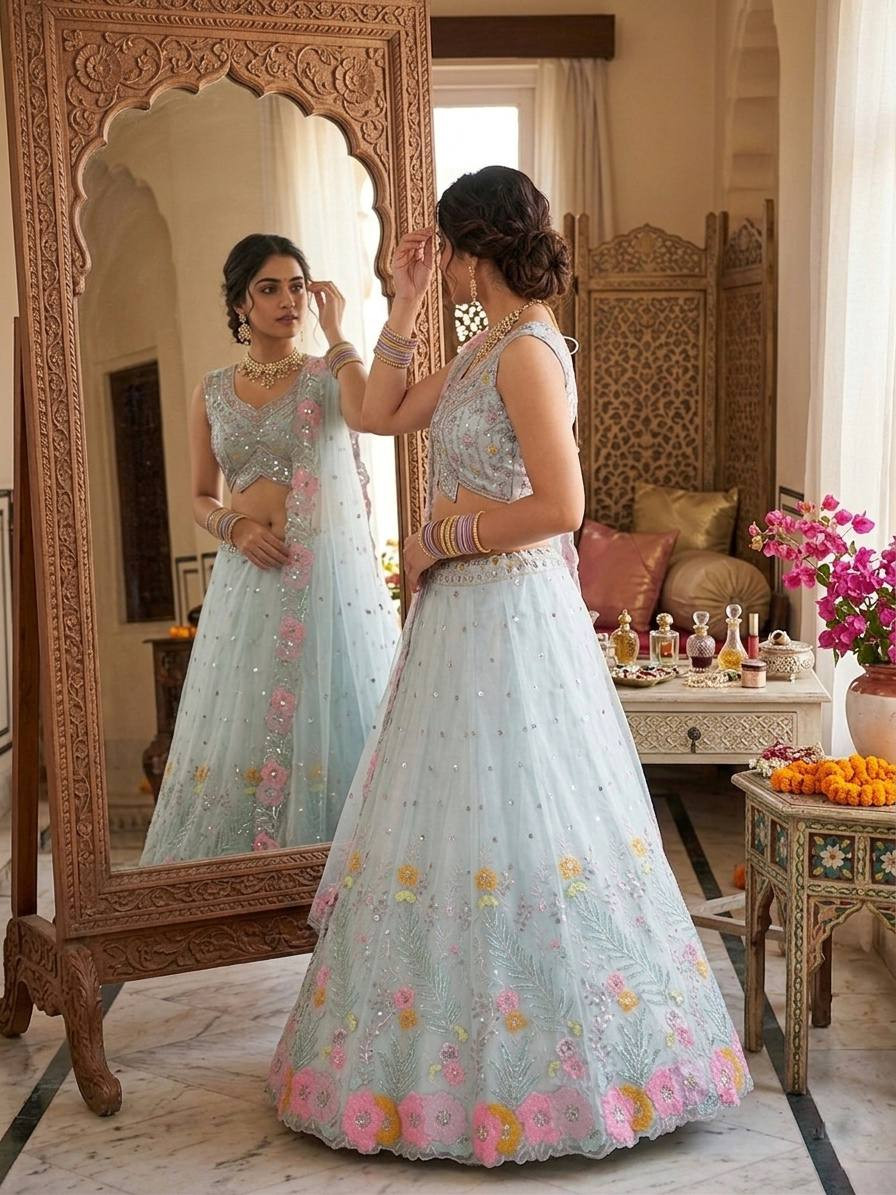 Premium Organza Silk Sequins Embroidery Lehenga Set with 4 Meter Flare | Wedding & Party Wear