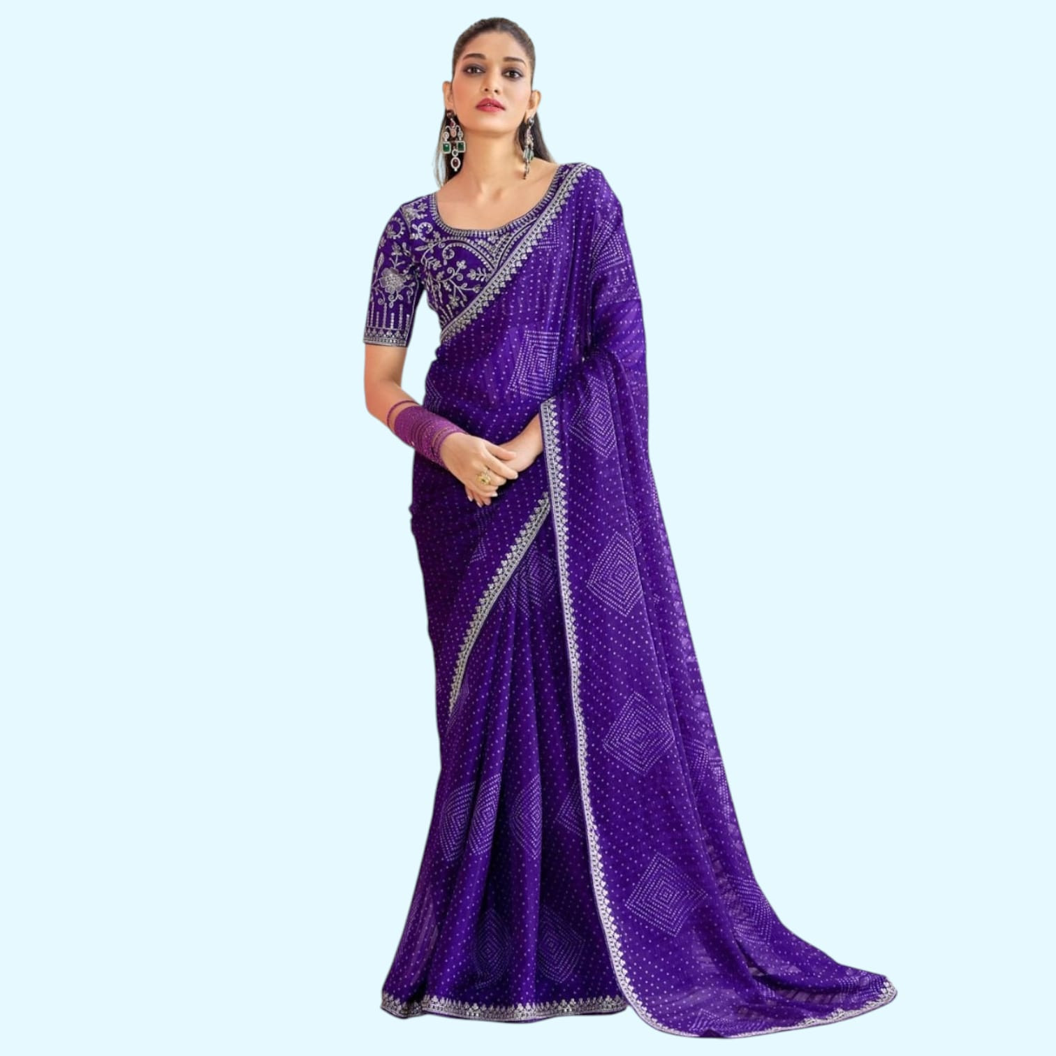 Bandhni Moss Chiffon Saree with Embroidered Lace & Blouse