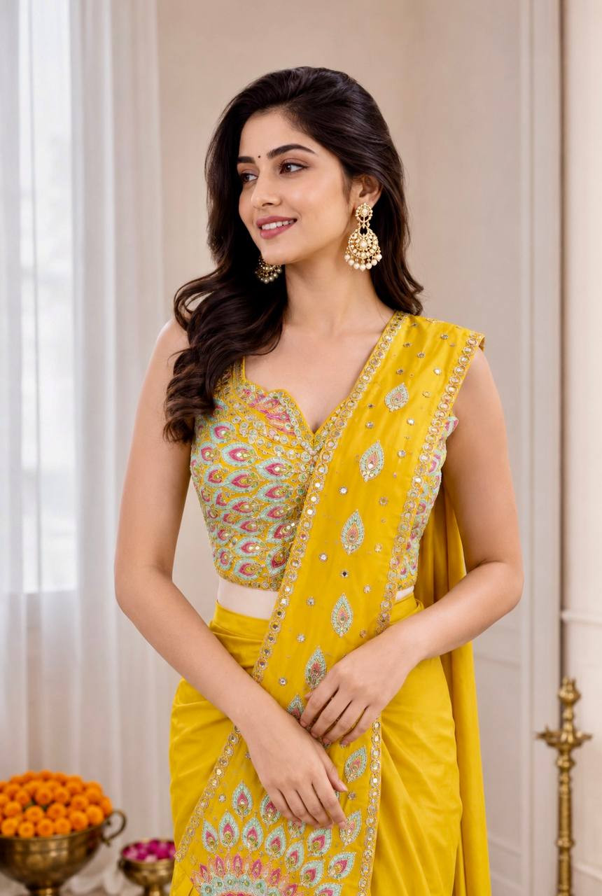 Designer Ready to Wear Saree with Stitched Blouse | Embroidery Sequins Multi Thread Work