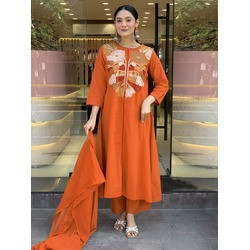 Women’s Orange Embroidered Anarkali Palazzo Set with Chanderi Dupatta