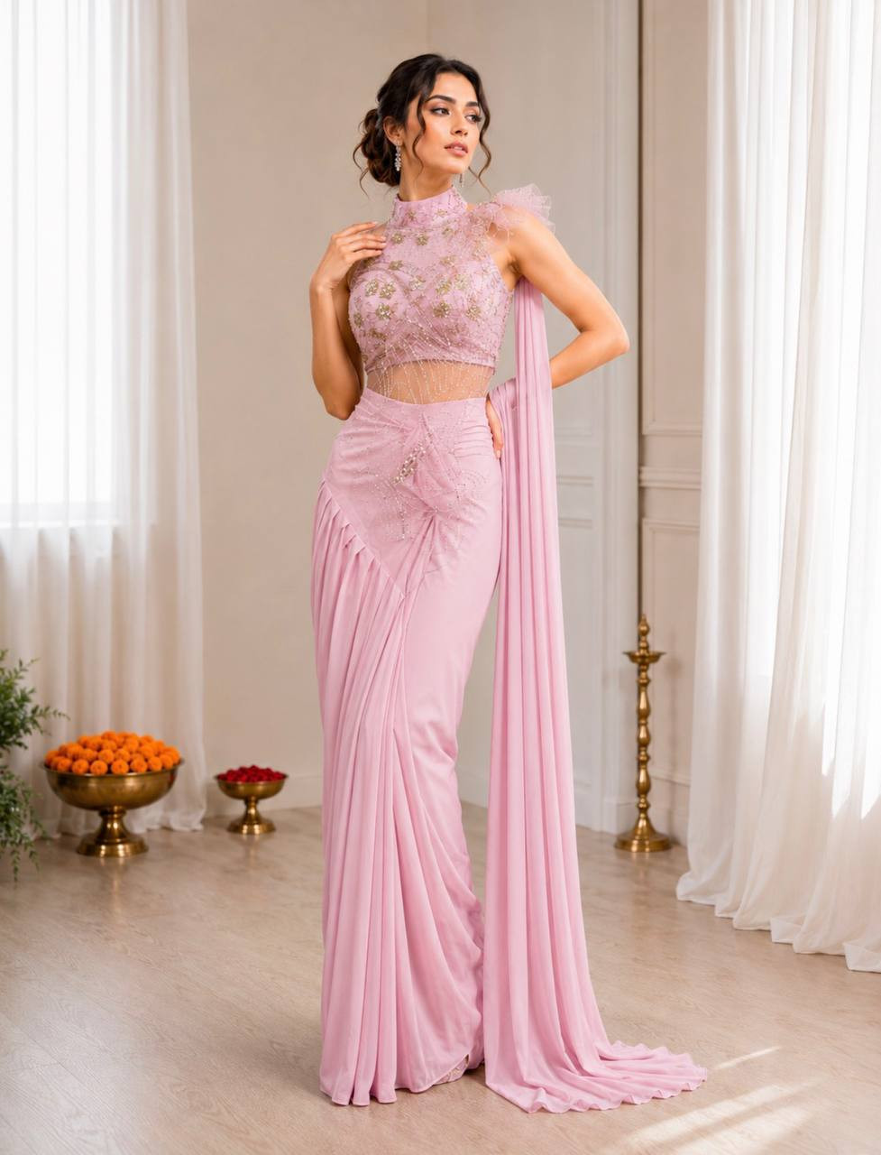 Premium Ready to Wear Crepe Silk Saree with Attached Pallu & Embroidered Blouse | Party Wear Women's Saree