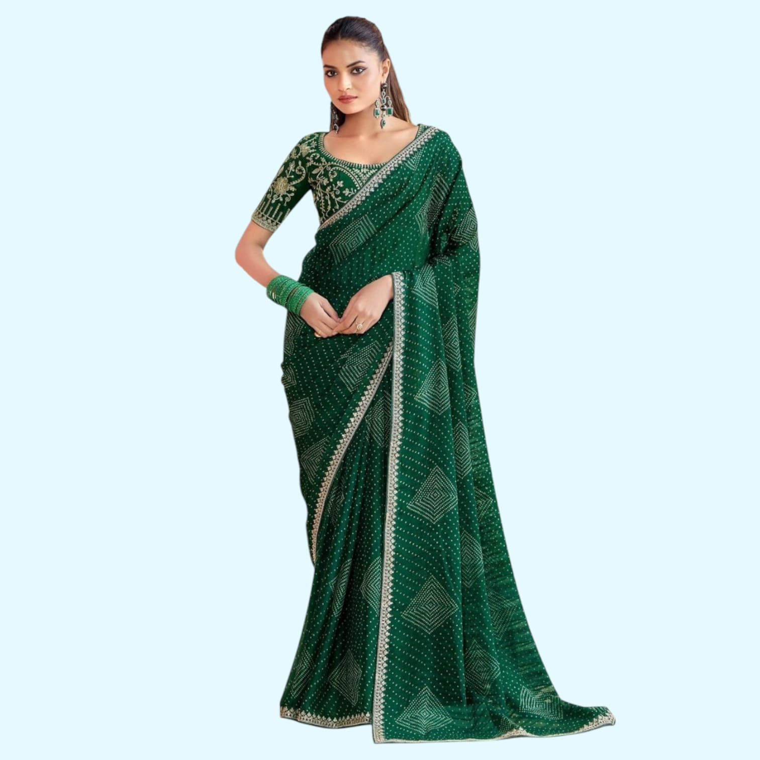 Green Glamour:Bandhni Moss Chiffon Saree with Embroidered Lace & Blouse