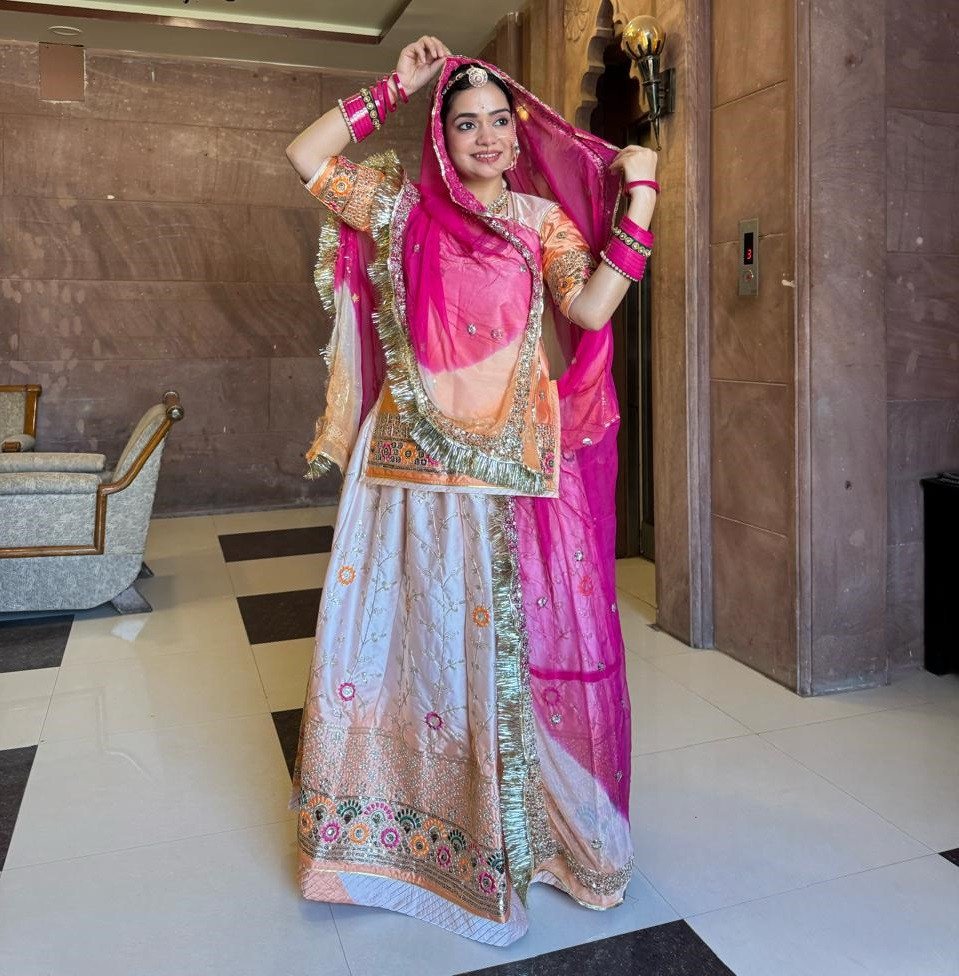 Royal Heavy Satin Rajputi Poshak with Premium Hamrahi Odhna & Gota Kiran Finish