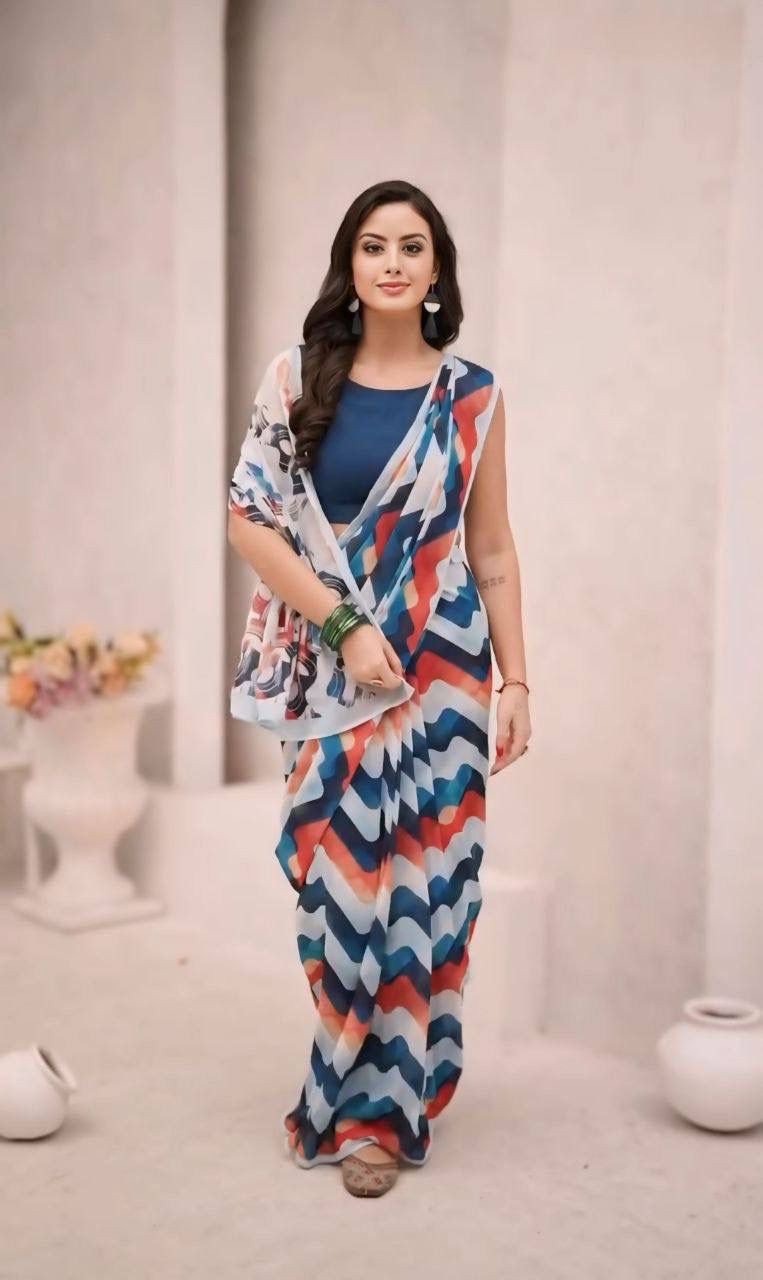Zigzag Design Pure Soft Georgette Silk Digital Print Saree