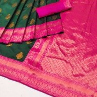 Premium Banarasi Jacquard Saree with Blouse for Women – Green Saree & Pink Blouse