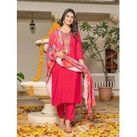 Bhakti Embroidered Vichitra Kurta Set with Pant & Digital Print Georgette Dupatta – Pink