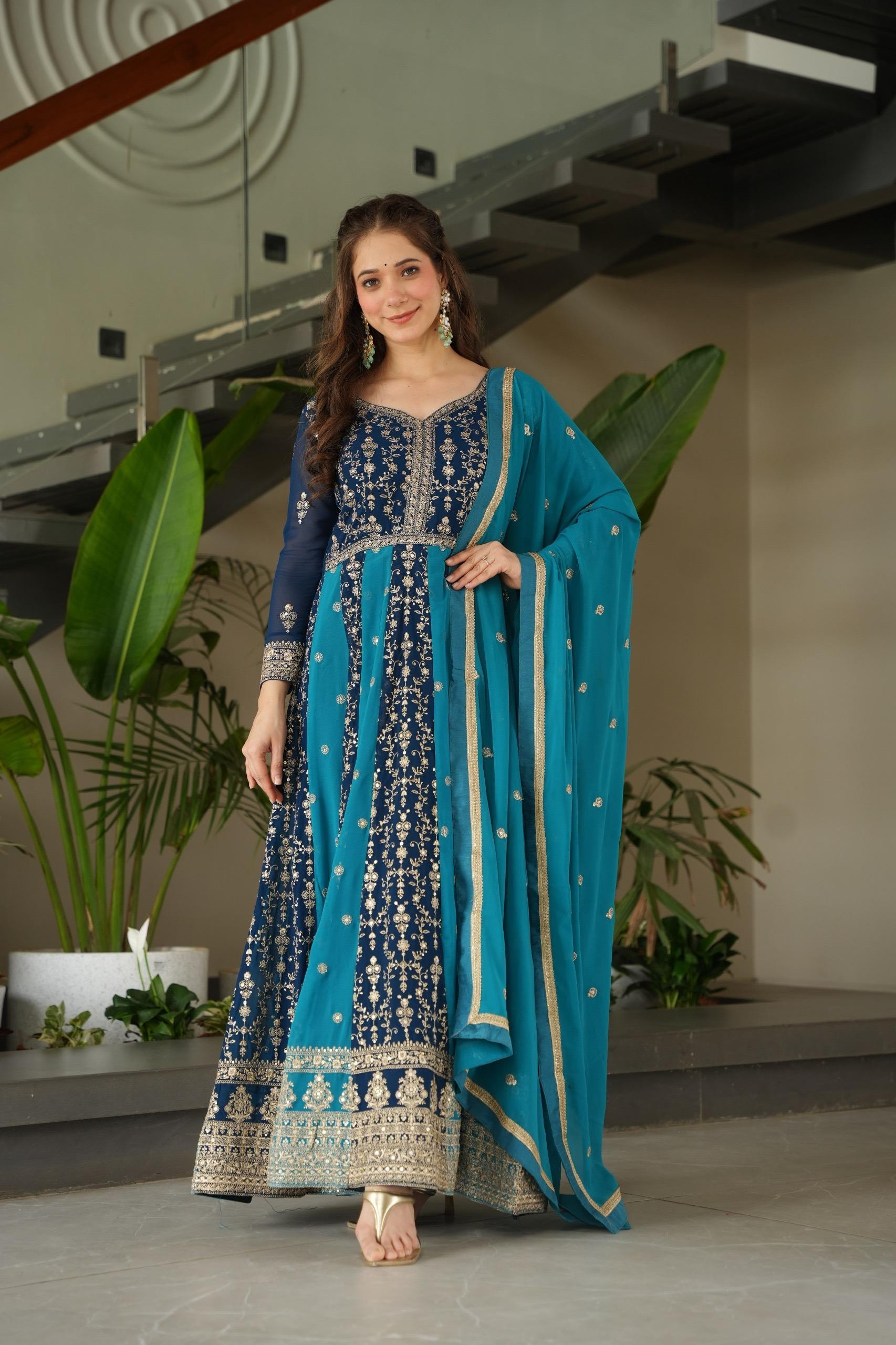 Royal Blossom Embroidered Gown Set with Matching Dupatta