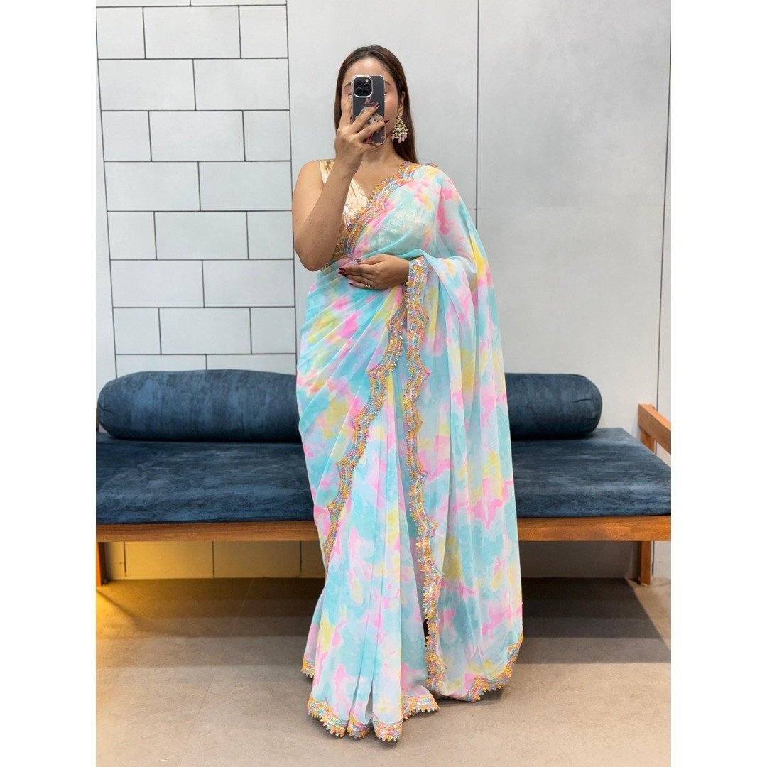 Sky Renbow Celebrity Style Shibori Print Soft Faux Georgette Saree