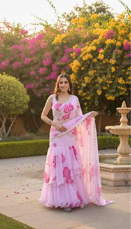 Premium Faux Georgette Readymade Frill Work Saree with Digital Print & Attached Pallu