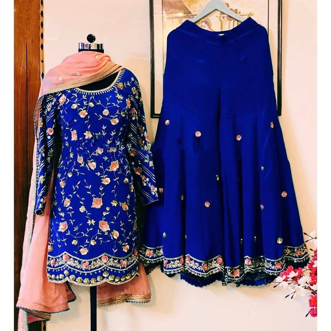 Elegant Georgette Heavy Embroidery Work Stitched Top & Plazzo Set with Pearl Work Dupatta