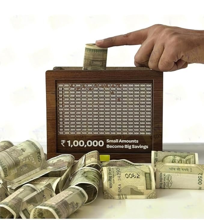 Wooden Piggy Bank – ₹1,00,000 Goal Money Saving Box | Handcrafted Gullak for Kids & Adults