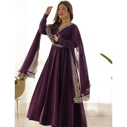 Elegant Wine Solid Georgette Anarkali Gown With Embroidered Lace Dupatta (Sweetheart Neck, Full Sleeves)