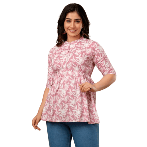 Peach Coloured Cotton Printed Women Top