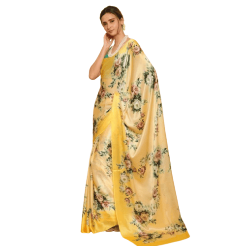 Pure Japan Satin Saree In Floral Print With Plain Blouse