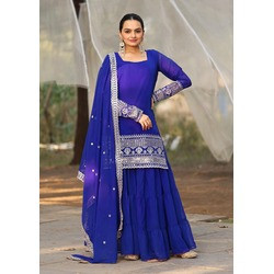 Elegant Blue Georgette Embroidered Kurta Sharara Dupatta Set for Women