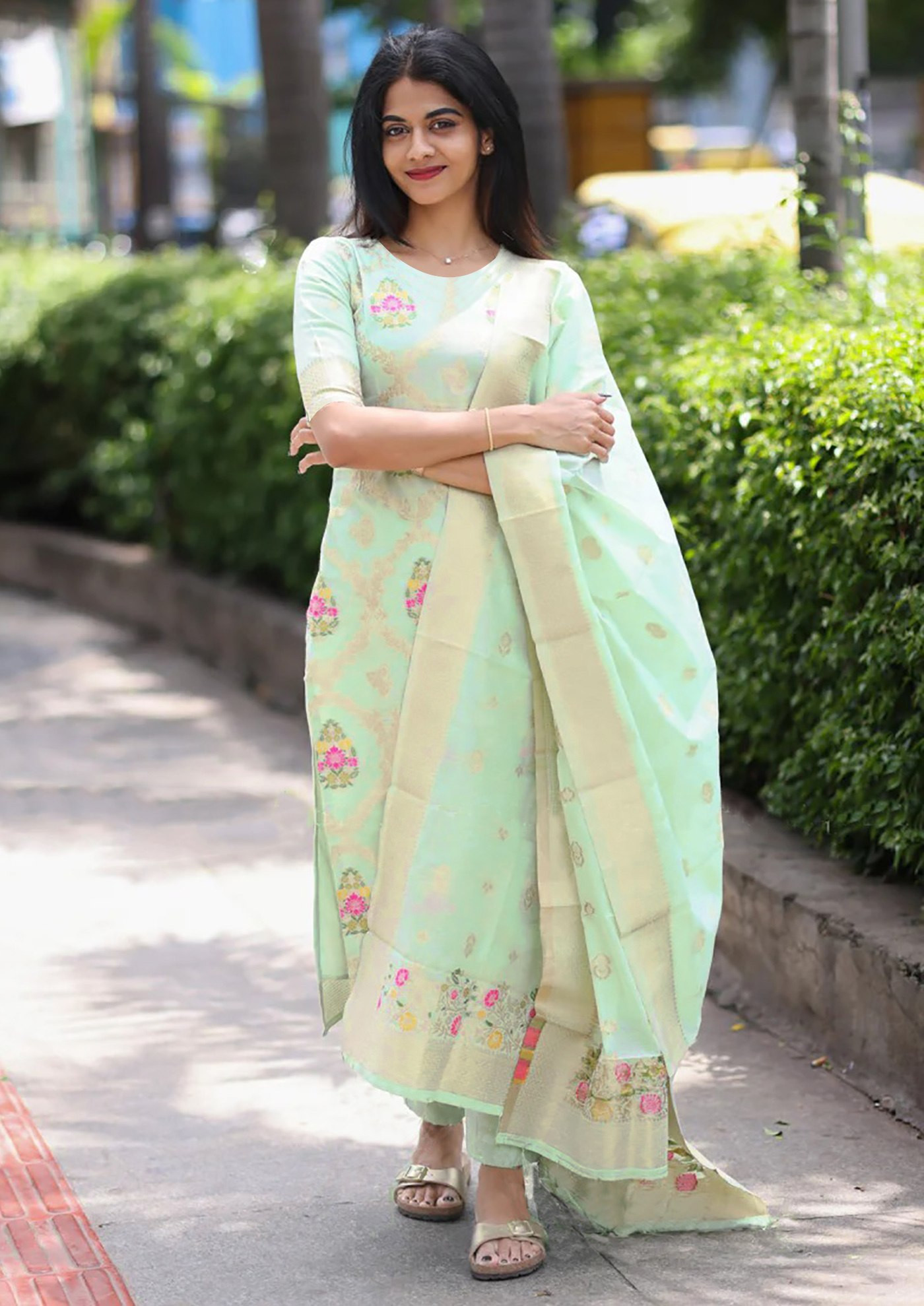 Elegant Pista Art Silk Weaving Kurta Pant Dupatta Set for Women