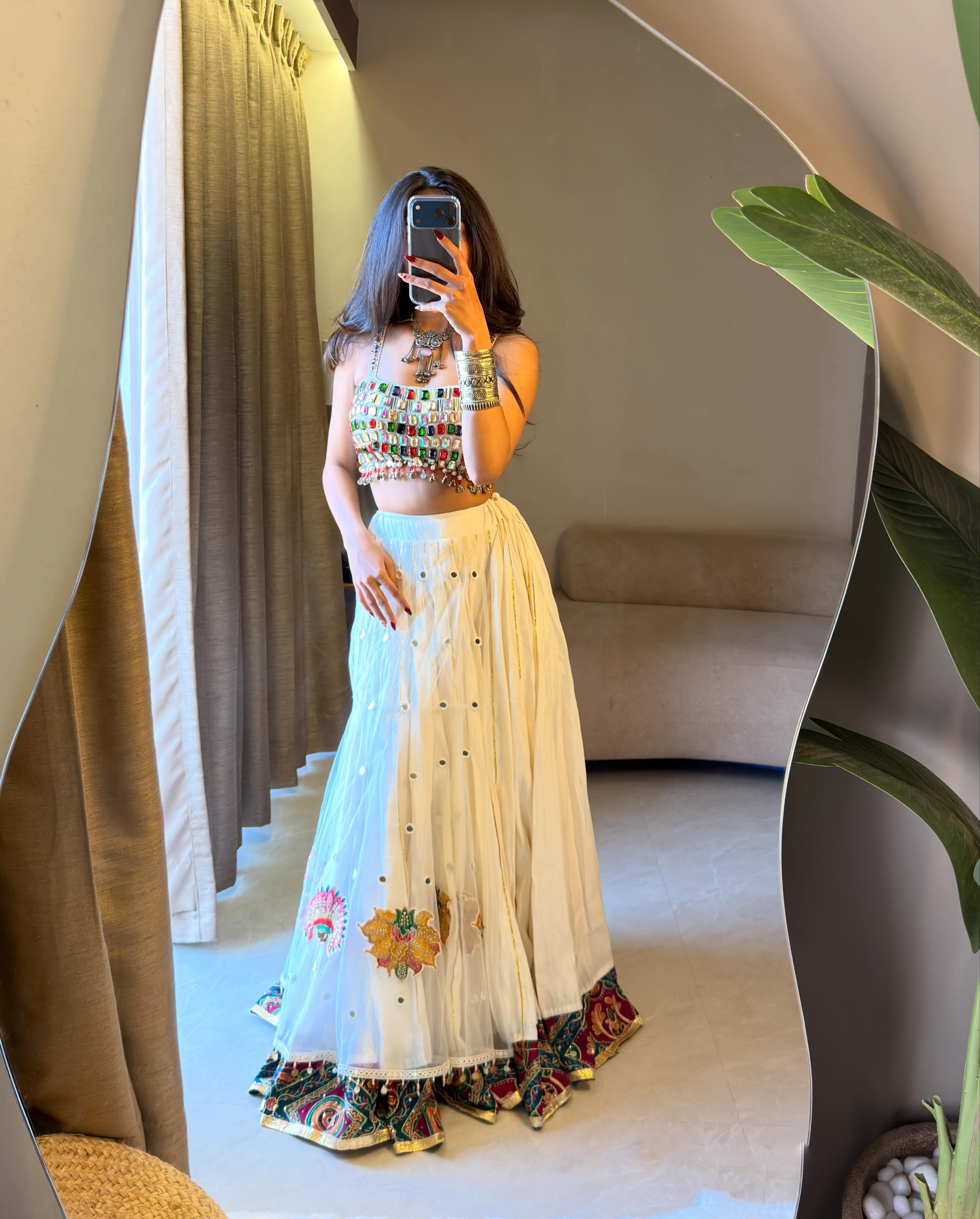 Navratri Special Rayon Silk Lehenga Choli – Handmade Crystal Diamond & Mirror Work | 4 Meter Flair