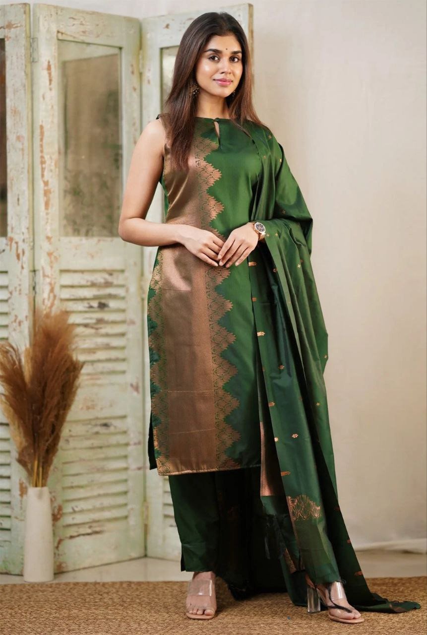 Green Prism Women’s Art Silk Kurta Pant Dupatta Set