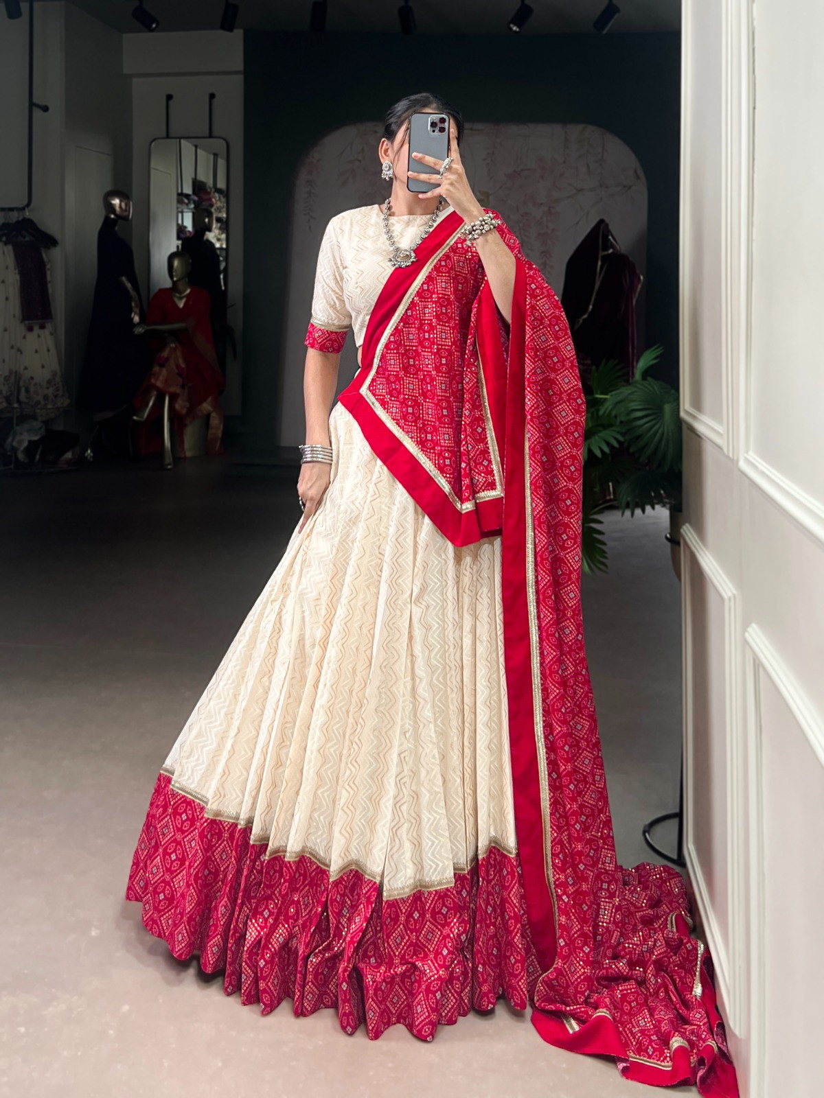 Women's Premium Cotton Bandhej Navratri Lehenga Choli Set with Sequins Lace Dupatta