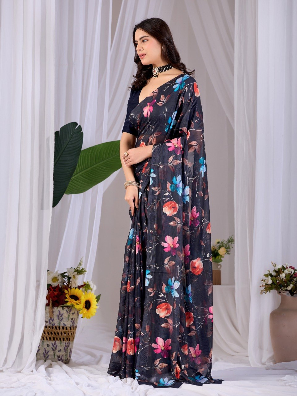 Premium Pastel Floral Digital Print Monsoon Saree with Matching Blouse