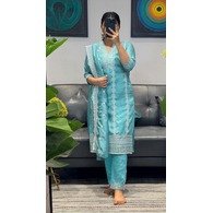 New Women’s Ethnic Wear Mangaldeep Silk Kurta Set with Dupatta – Sky Blue | Embroidered Vichitra Silk Kurti Pant Set