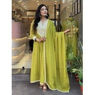 New Women’s Special Silk Ghibli Kurta Set | Embroidered Vichitra Fabric with Pant & Dupatta – Light Green