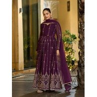 Embroidered Georgette Stitched Anarkali Gown with Dupatta – Purple, Full Sleeves, Designer Lace Border