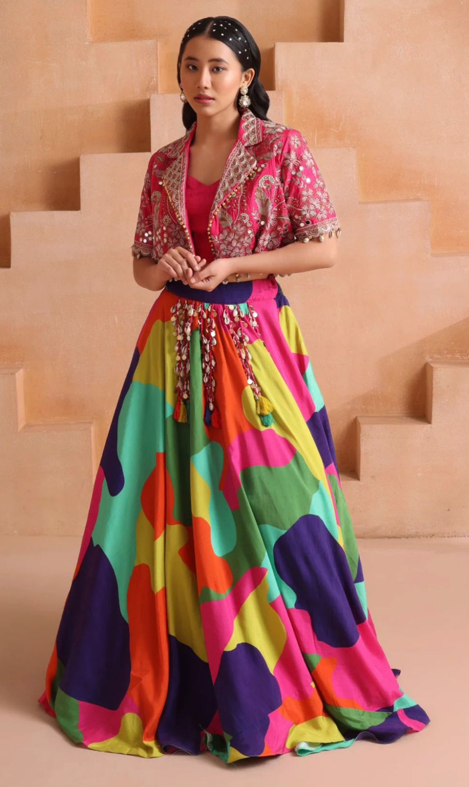 Royal Chinon Silk Printed Lehenga Choli with Heavy Crepe Silk Embroidered Mirror Work Jacket | 4 Meter Flare