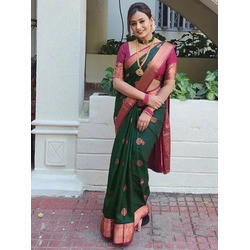 Premium Banarasi Jacquard Saree with Blouse for Women – Green Saree & Pink Blouse