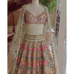3.5 Meter Soft Butterfly Net Real Mirror Sequins Embroidered Lehenga with Cancan & Canvas Patta