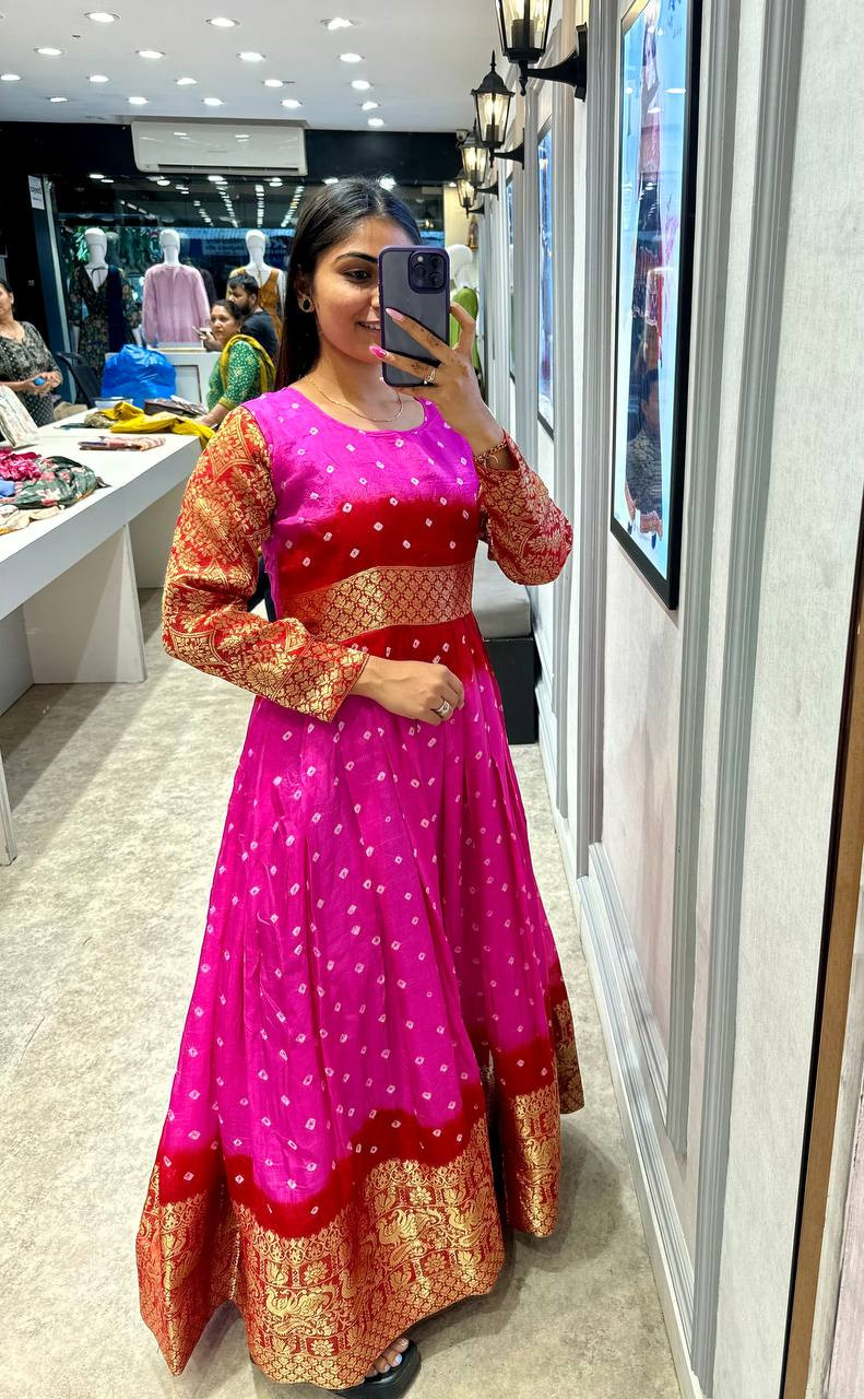 Designer Bandhej Kanjiveram Silk Gown Set with Koti | Festive & Wedding Wear