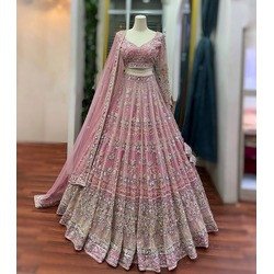 4 Meter Flared Butterfly Net Lehenga | Sequins Embroidered Semi-Stitched Lehenga with Can-Can & Canvas | Premium Quality Party & Wedding Wear