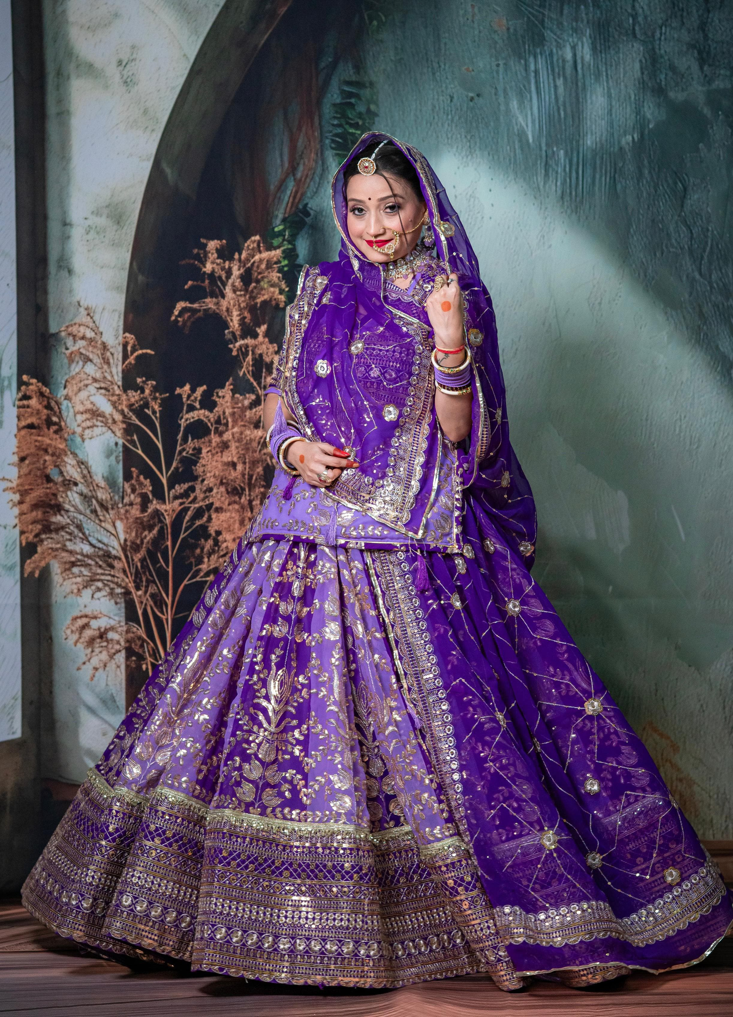 4 Miter full Gher Vintage Georgette Premium Rajputi Poshak Suit In Purple color