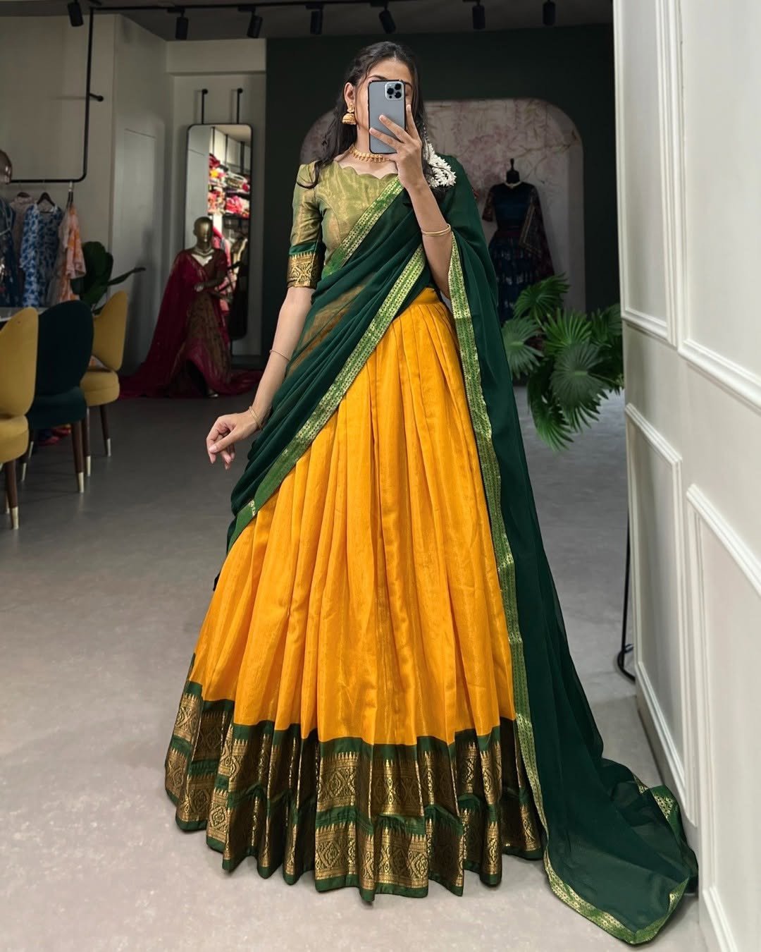 Embellished Yellow Jacquard Semi-Stitched Lehenga Choli with Embroidered Dupatta