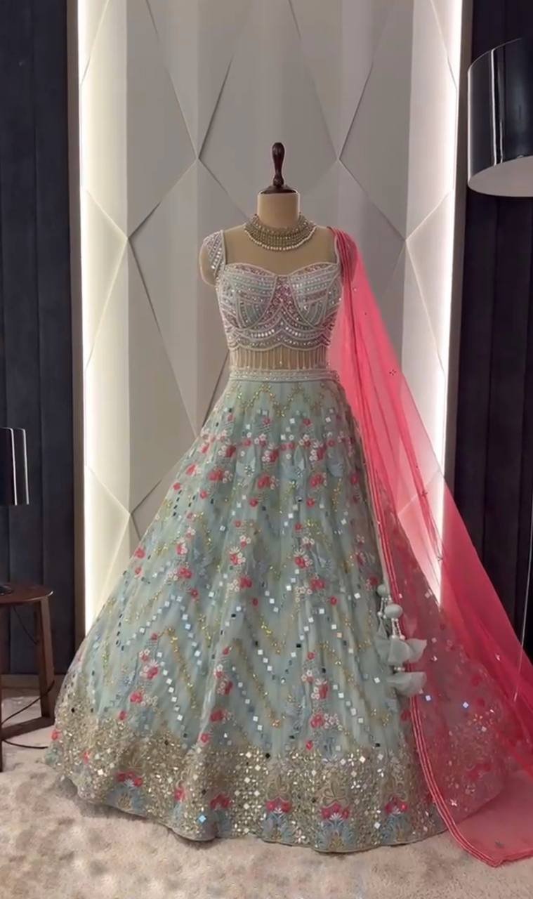 4-Meter Flared Faux Georgette Lehenga with Real Mirror & Sequins Embroidery | Semi-Stitched with Can-Can & Canvas Layers | Glamorous & Comfortable