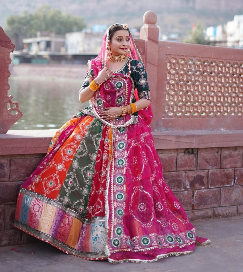 Royal Multicolour Pure Georgette Poshak With 4 Meter Ghera Rajasthani Royal Multicolour Pure Georgette Poshak With 4 Meter Ghera Rajasthani